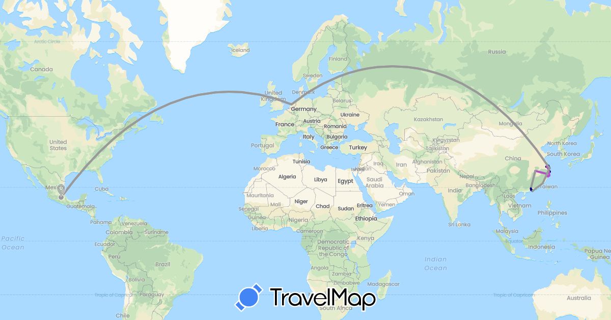 TravelMap itinerary: driving, plane, train in China, Mexico, Netherlands (Asia, Europe, North America)